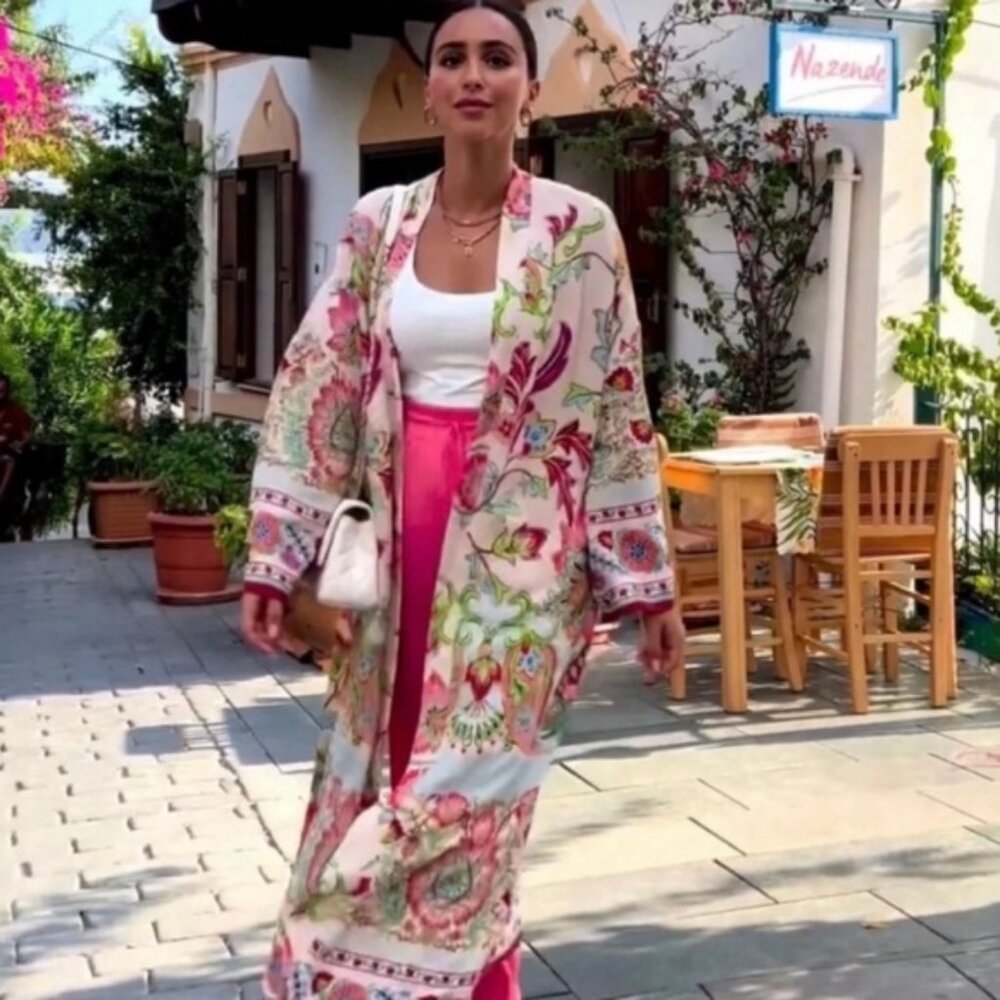 NWT ZARA Floral‎ Printed Long Kimono Self Belted Side Slits Fully Lined Sz XS,L